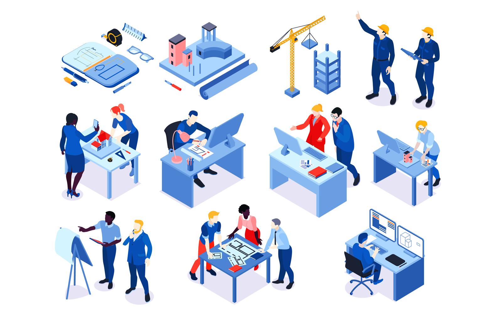 Isometric Architect Color Set Vector Illustration Concept