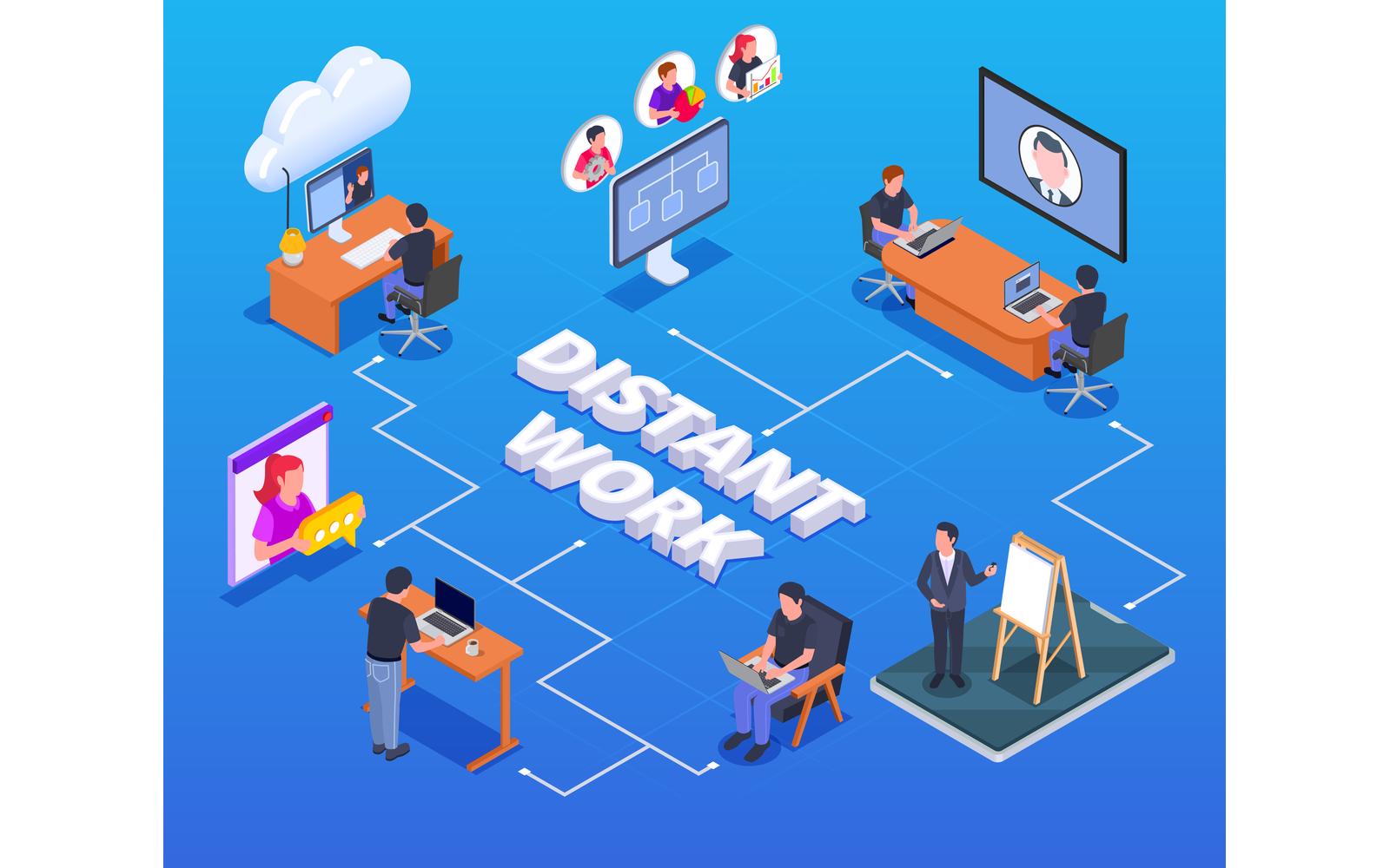 Remote Management Distant Work Isometric 2 Vector Illustration Concept