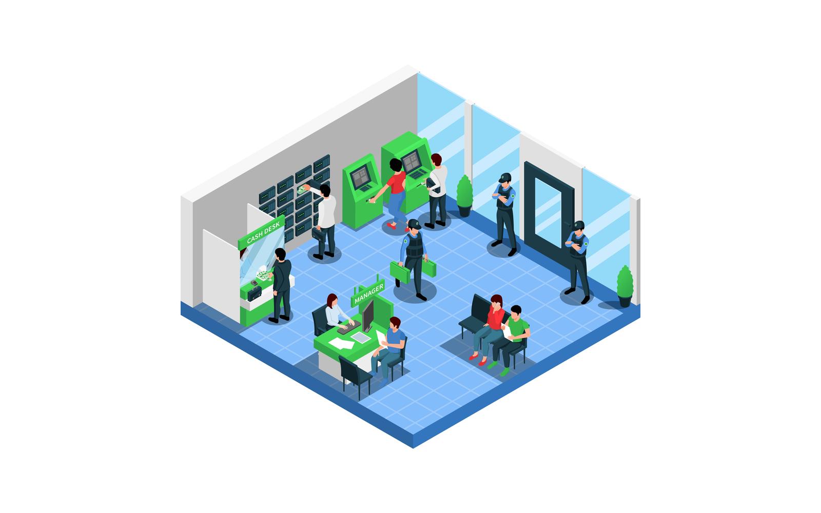 Bank Branch Isometric Composition Vector Illustration Concept