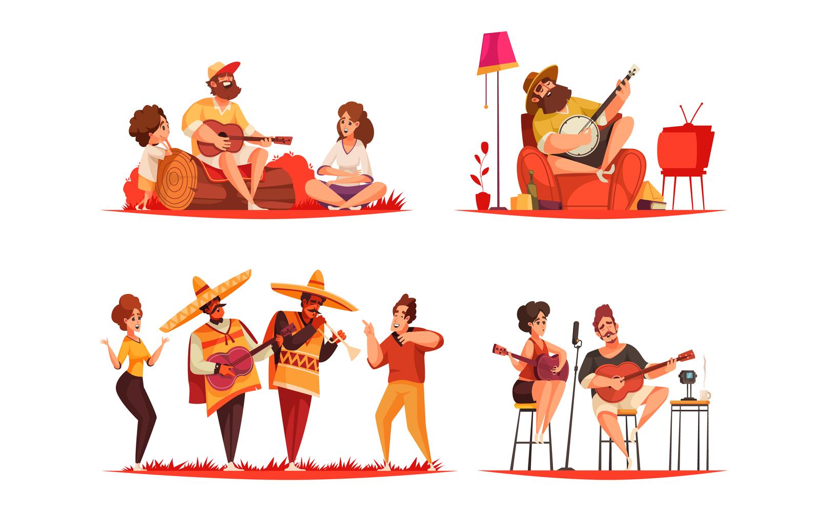 People Playing Guitar Compositions Vector Illustration Concept