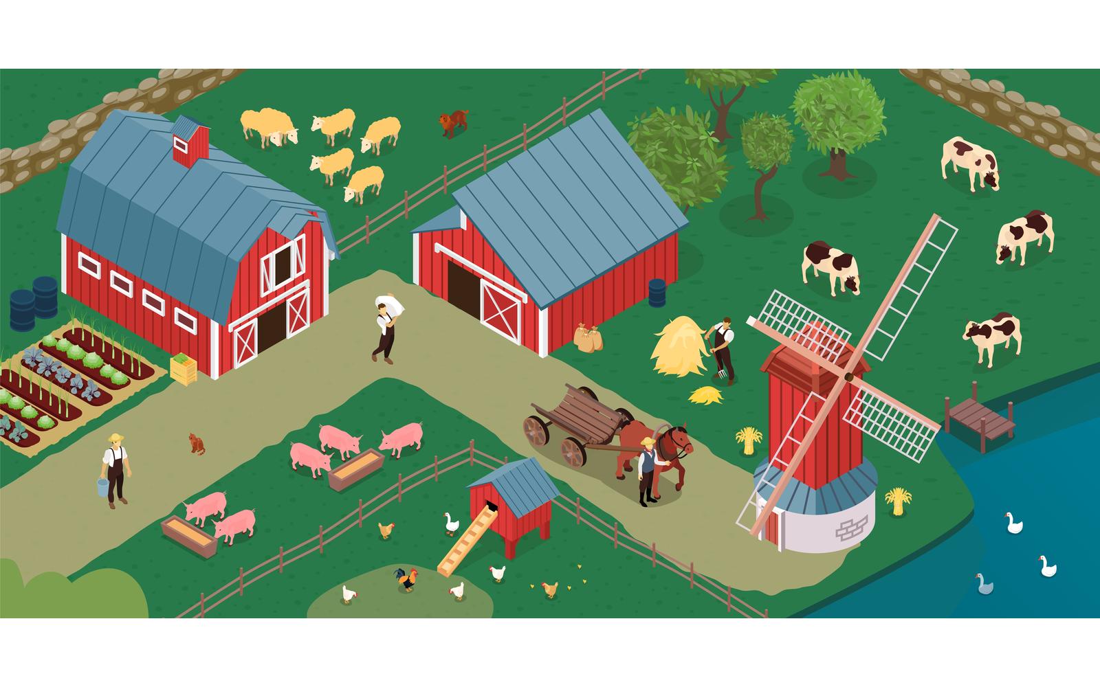 Isometric Farm Windmills Vector Illustration Concept