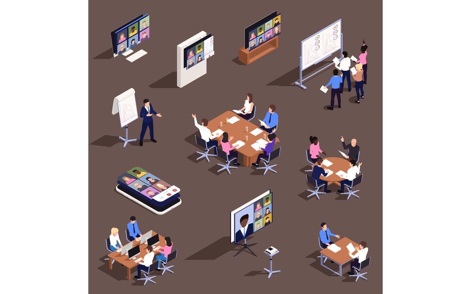 Presentation Meeting Isometric Set Vector Illustration Concept