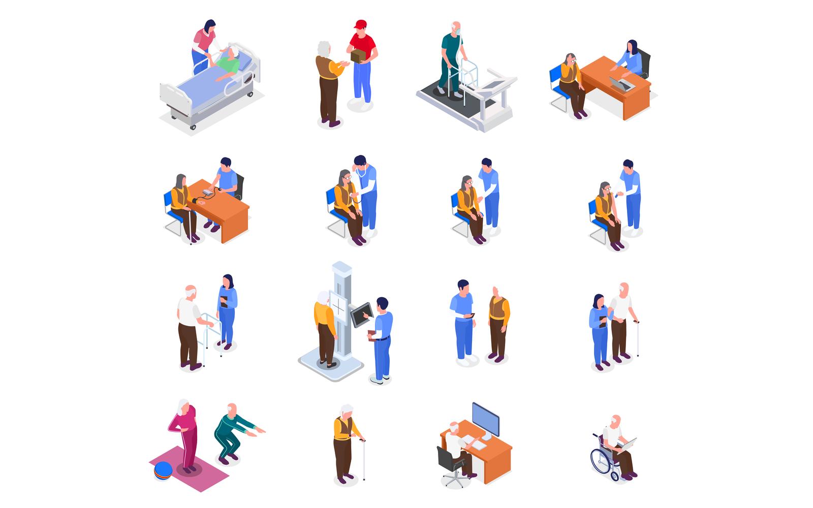 Elderly People Healthcare Isometric Set Vector Illustration Concept