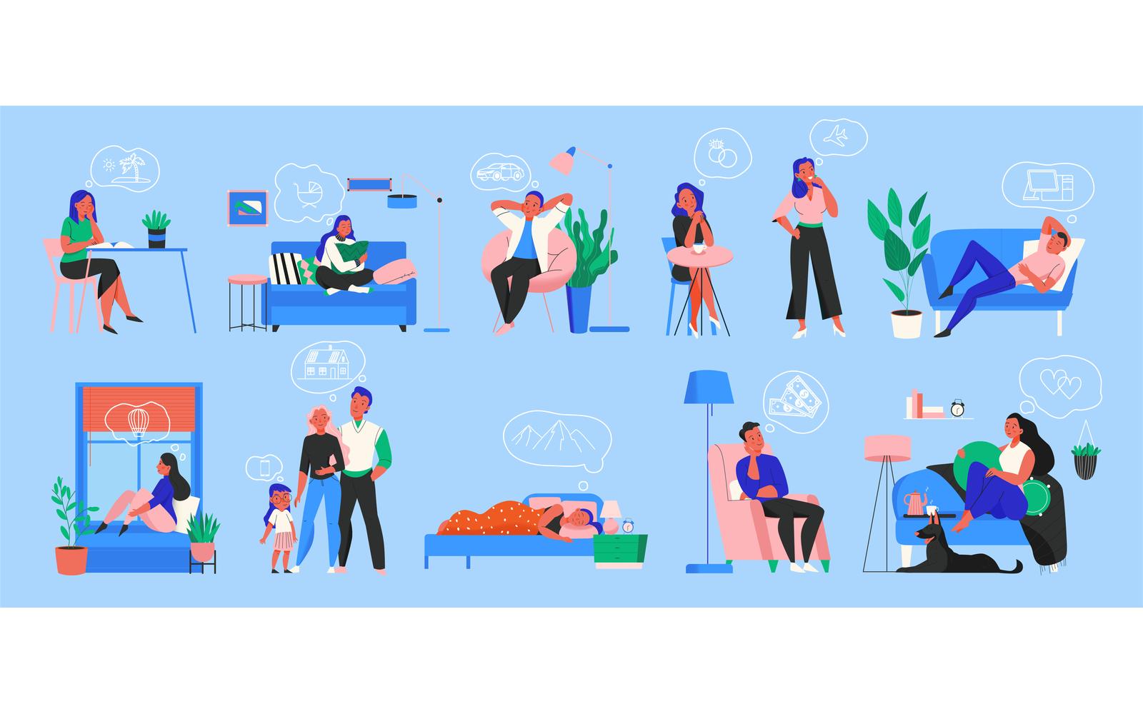 Dreaming People Color Set Vector Illustration Concept