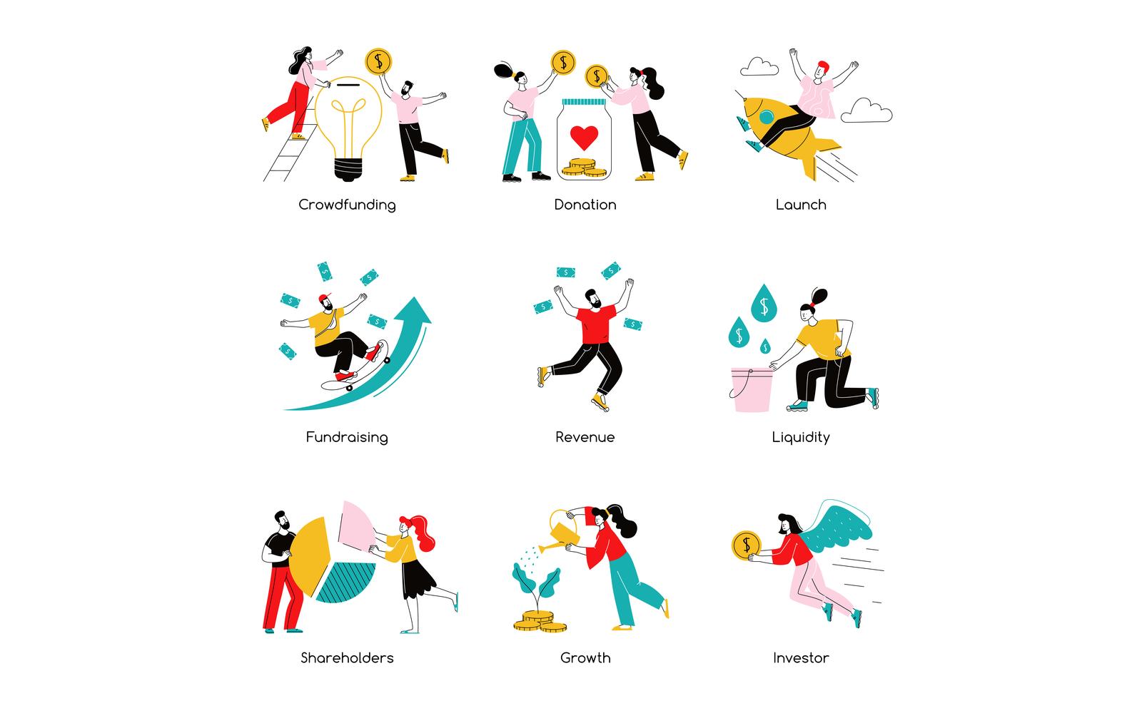 Crowdfunding Trendy Flat Set Vector Illustration Concept