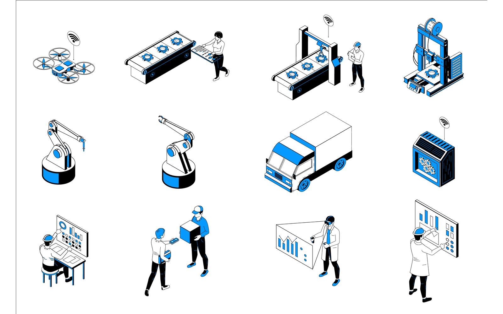 Smart Industry Monochrome Isometric Set Vector Illustration Concept