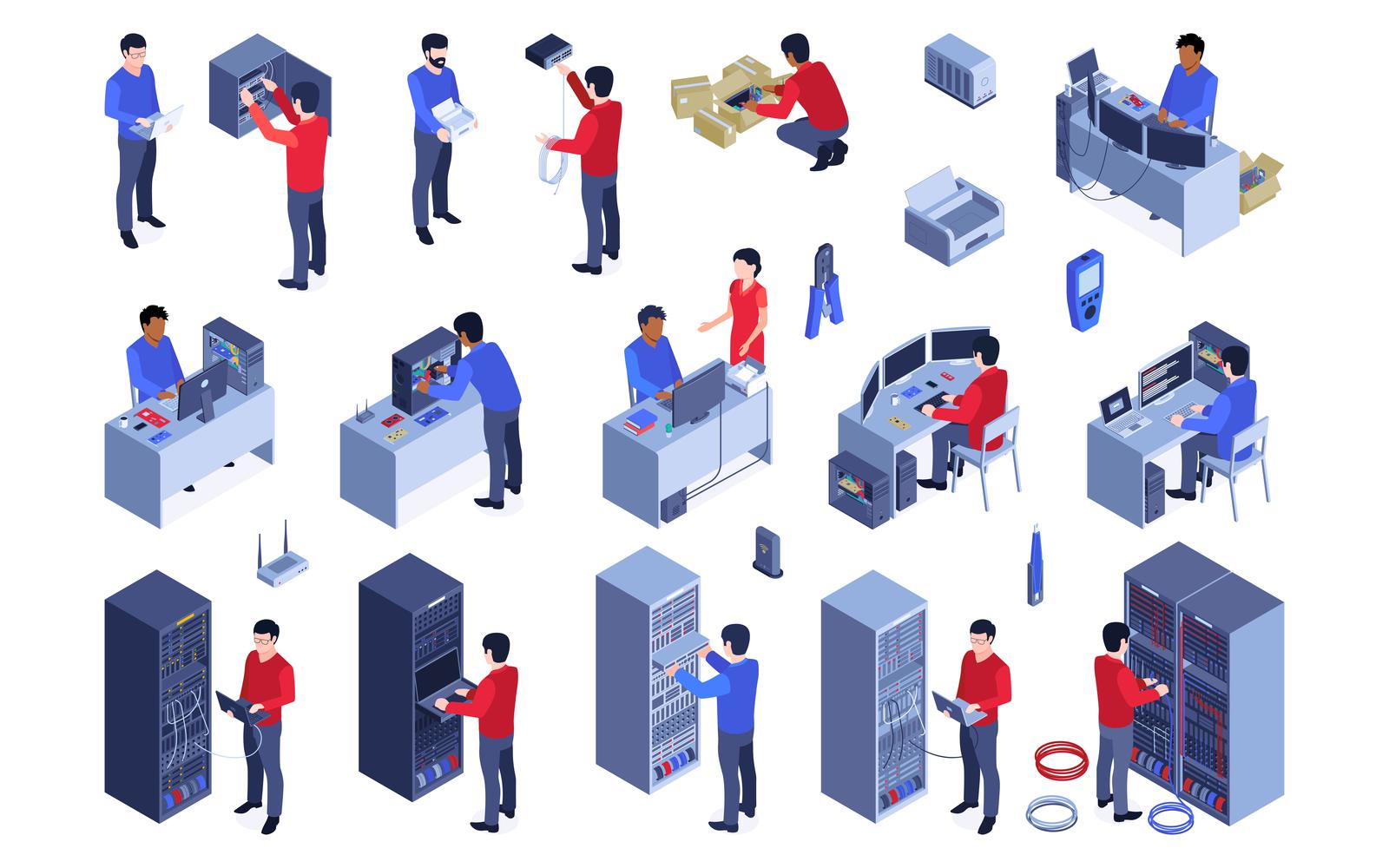 Isometric System Administrator Color Set Vector Illustration Concept