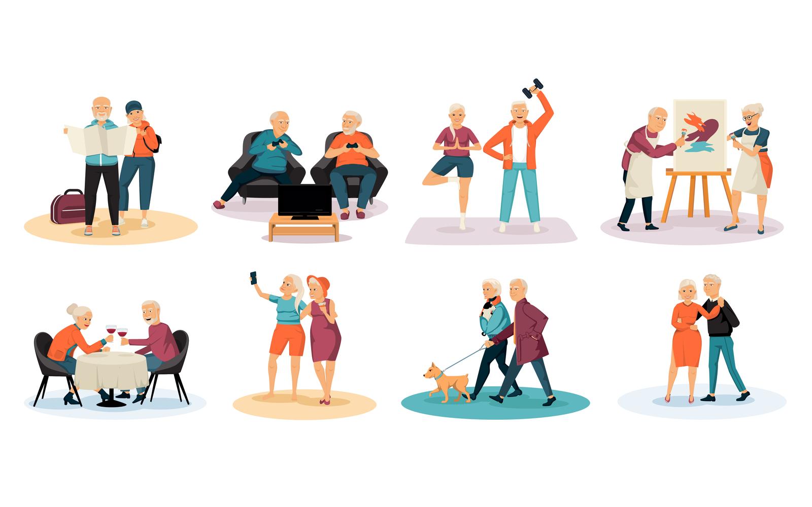 Elderly People Color Set Vector Illustration Concept