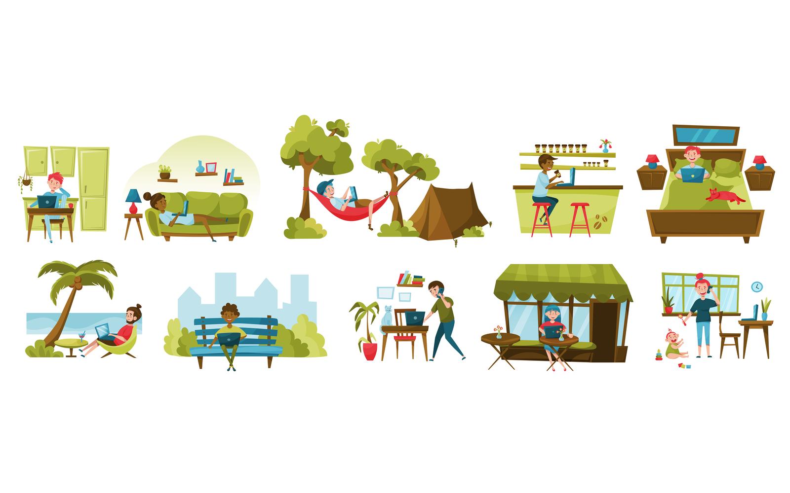 Freelance People Work Set Vector Illustration Concept