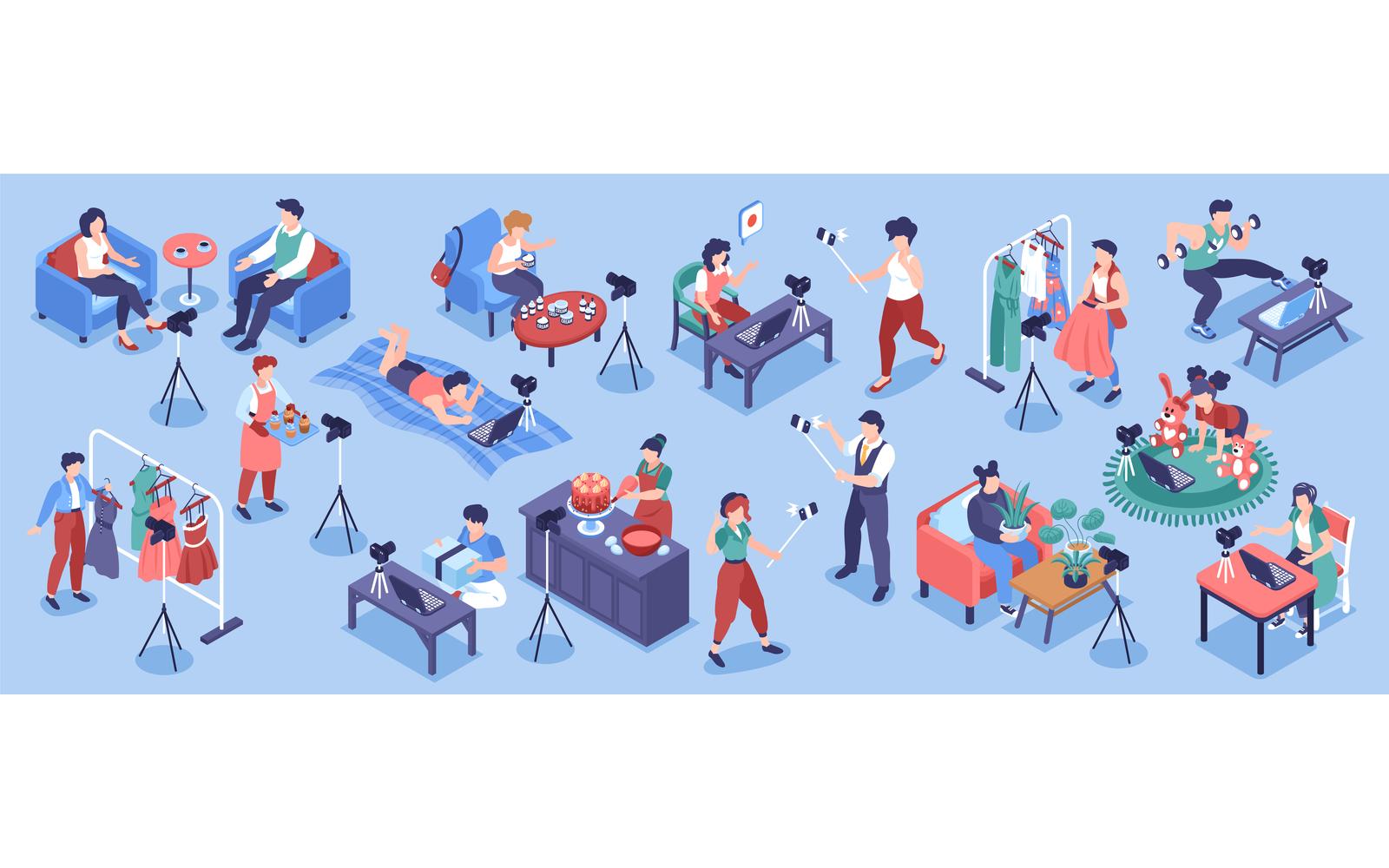 Isometric Blogger Color Set Vector Illustration Concept