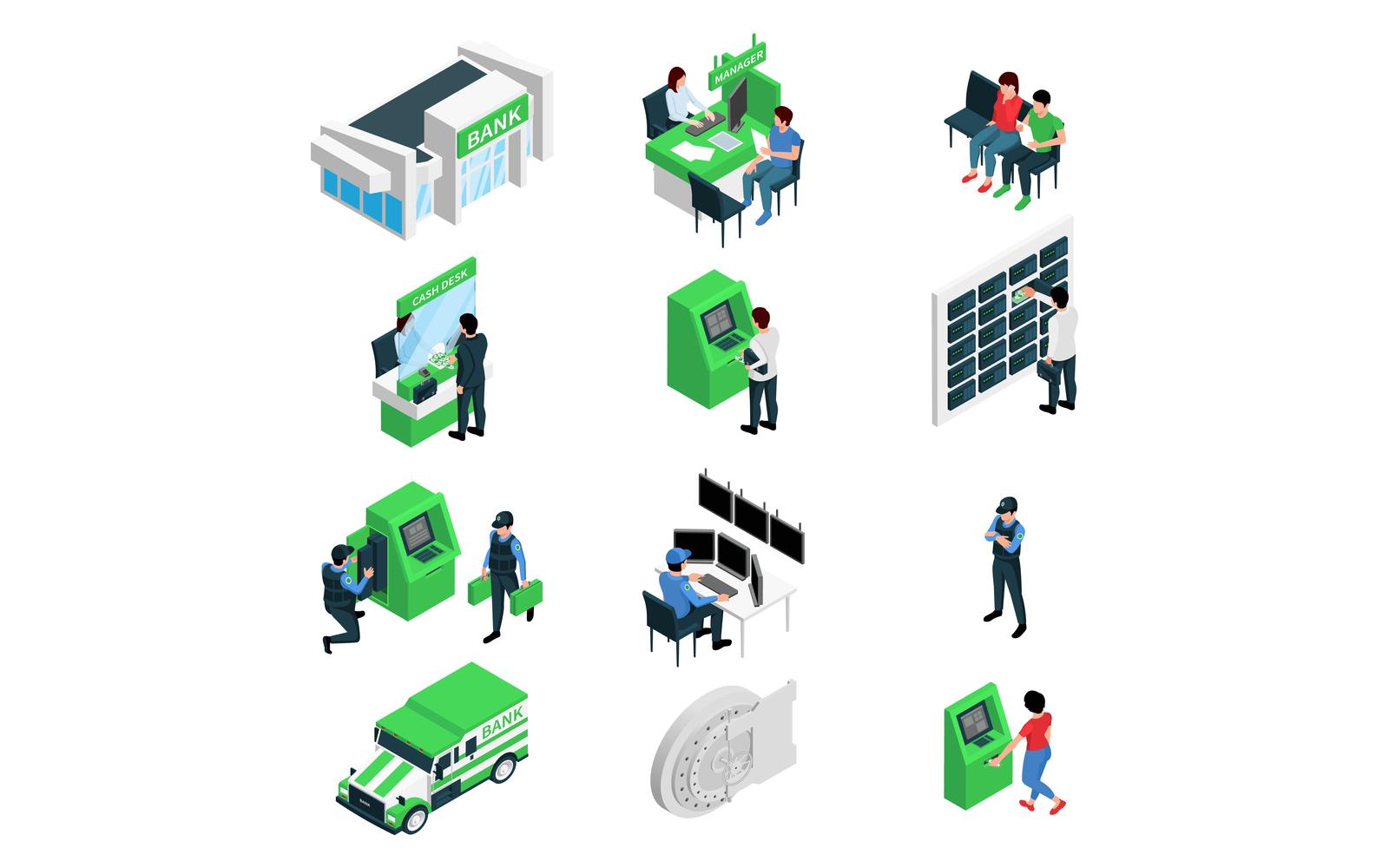 Bank Branch Isometric Set Vector Illustration Concept