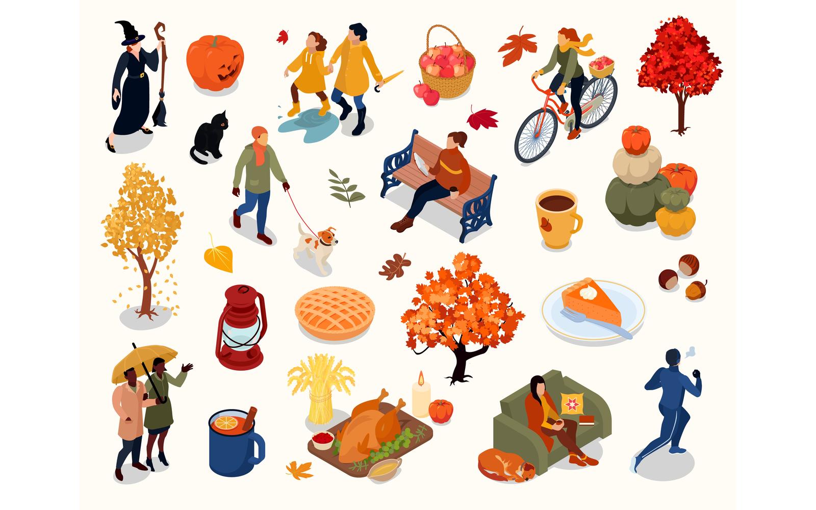 Isometric Autumn Fall Thanksgiving Halloween Set Vector Illustration Concept