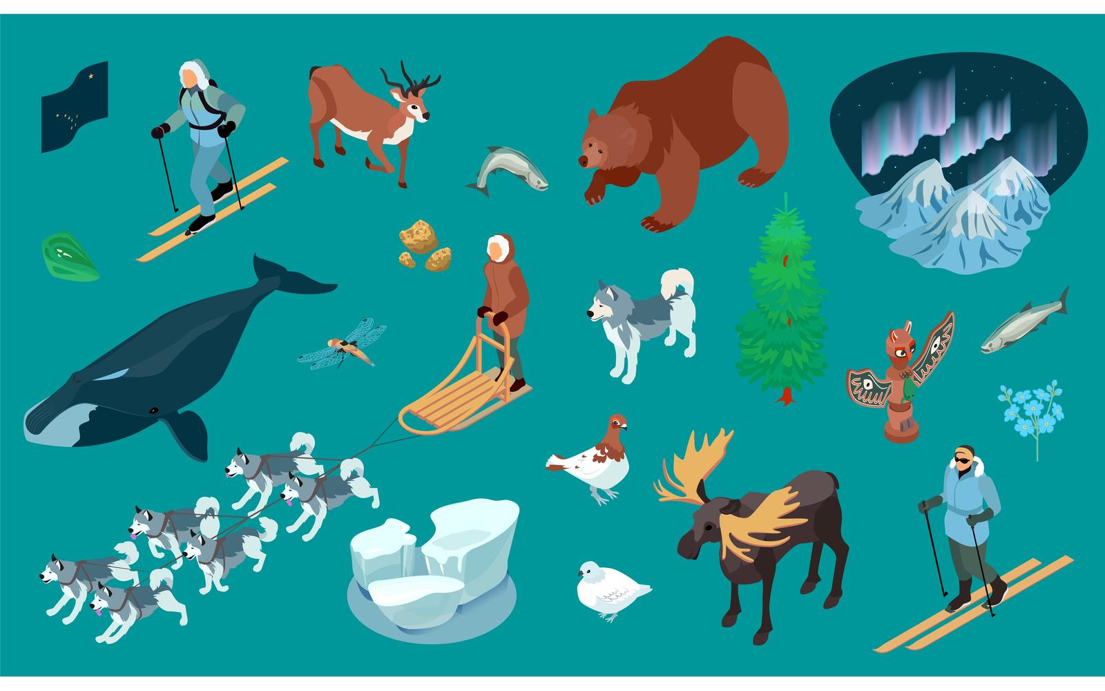 Isometric Alaska Color Set Vector Illustration Concept