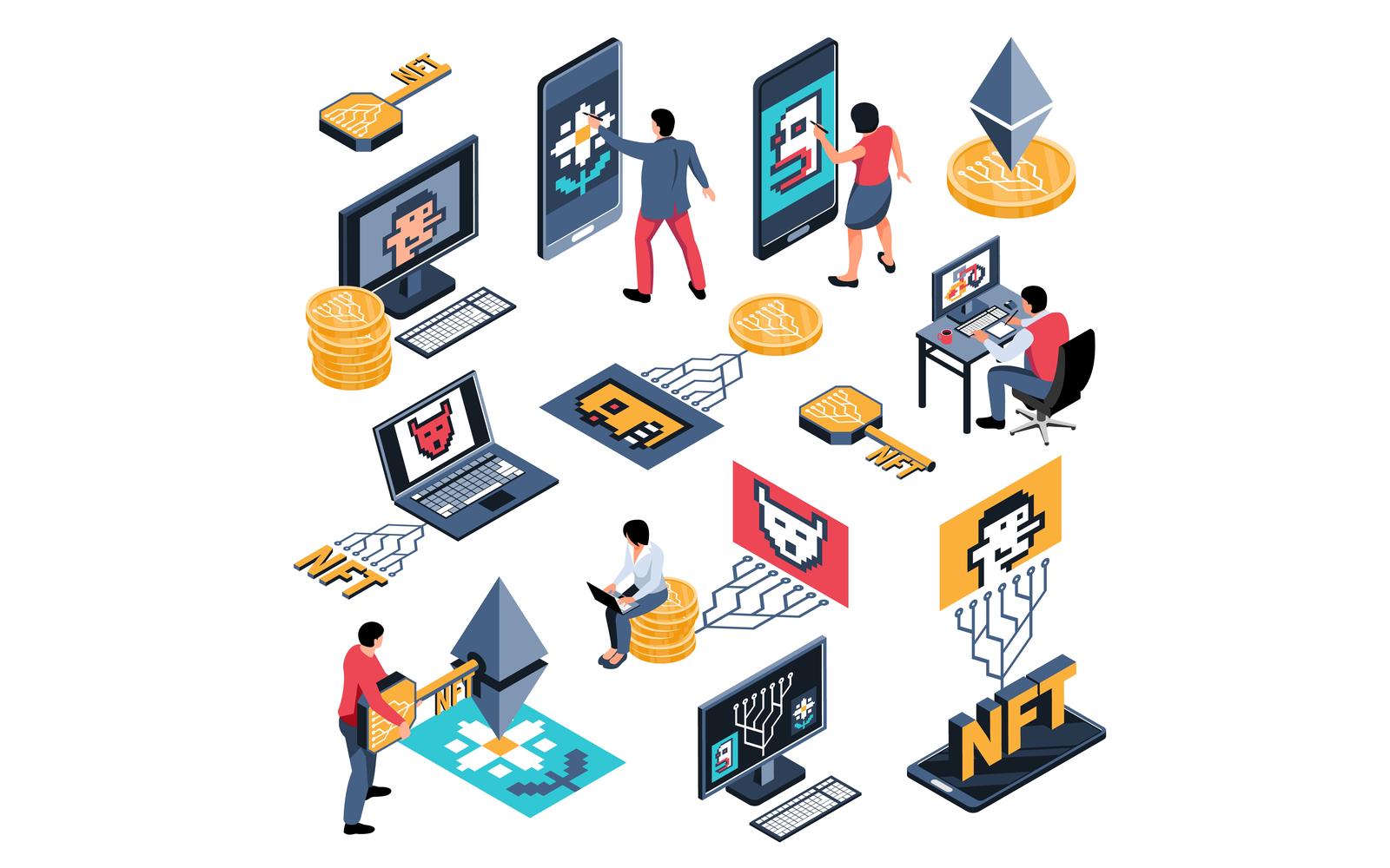 Isometric Crypto Art Nft Set Vector Illustration Concept