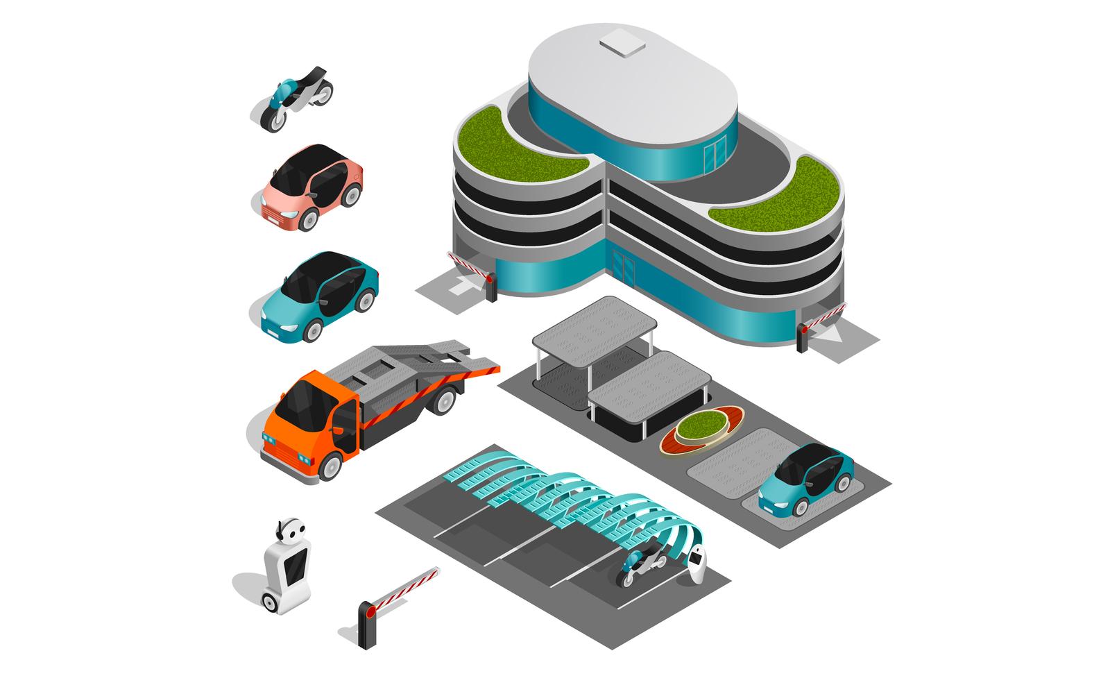 Parking Isometric Set Vector Illustration Concept