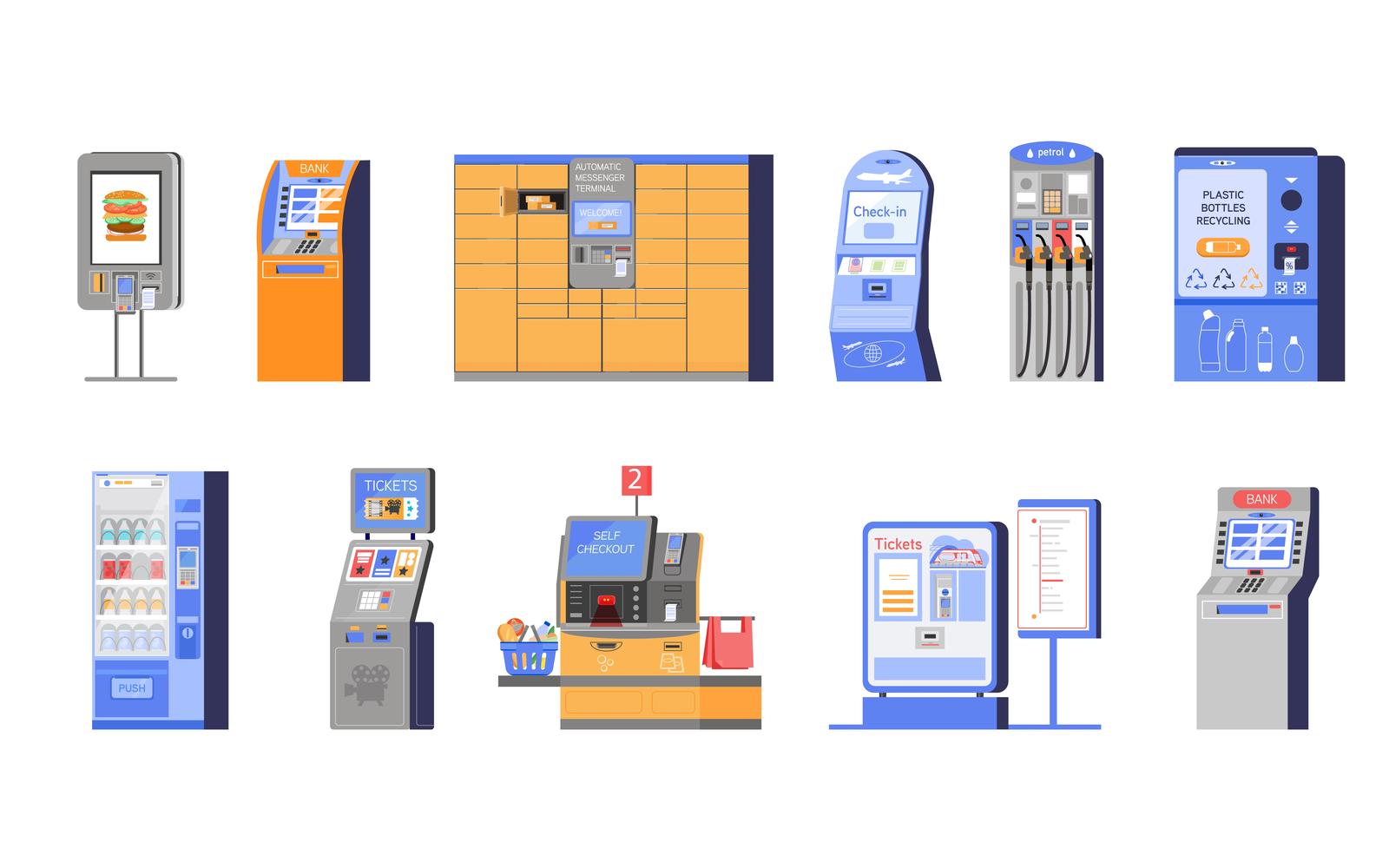 Self Service Terminal Set Flat Vector Illustration Concept