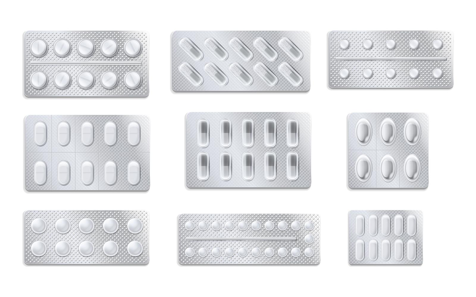 Pills Tablets Capsules Blister Realistic Set 2 Vector Illustration Concept