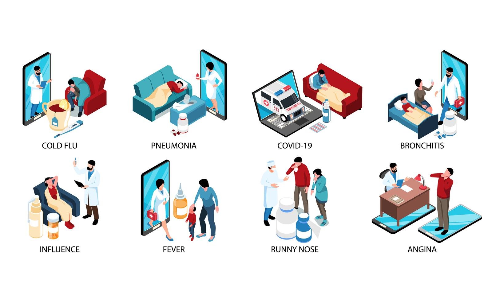 Isometric Cold Flu Compositions Vector Illustration Concept