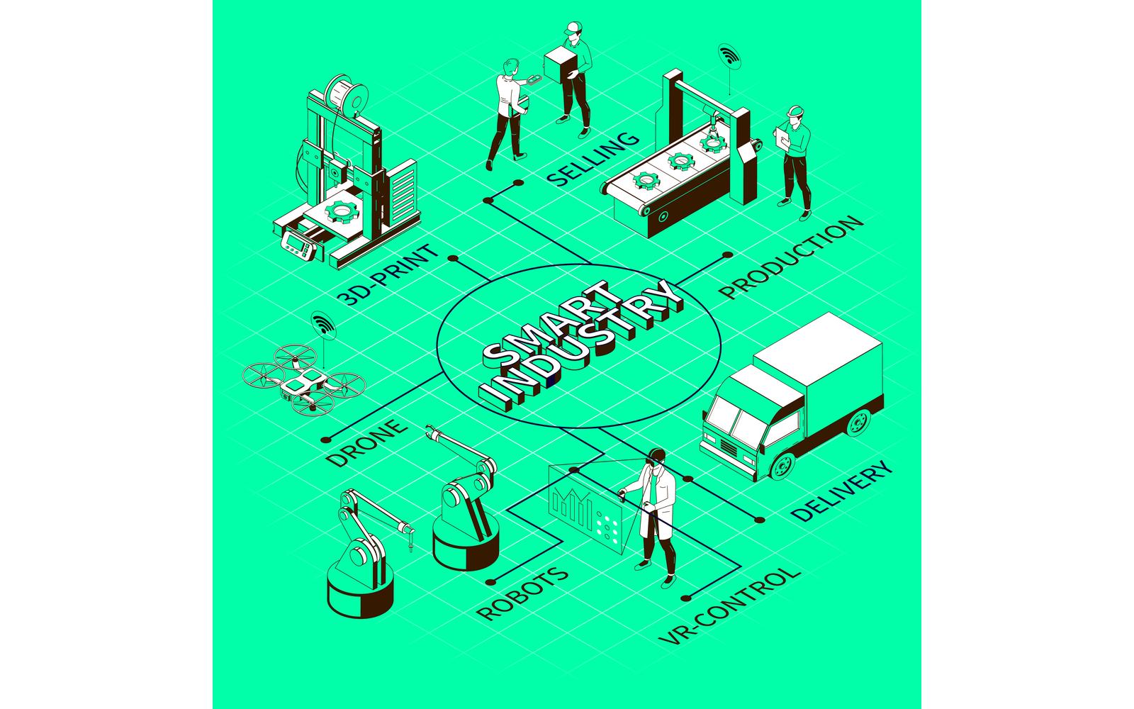 Smart Industry Monochrome Isometric Flowchart Vector Illustration Concept