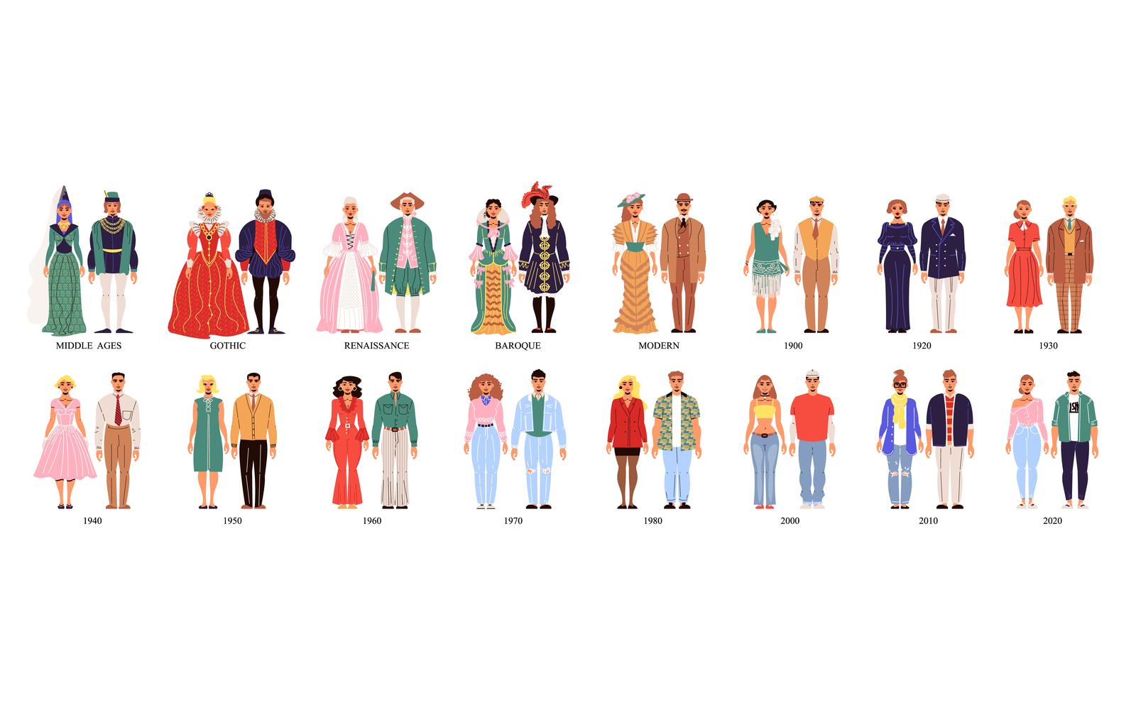 Fashion History Men Women Costume Set Vector Illustration Concept