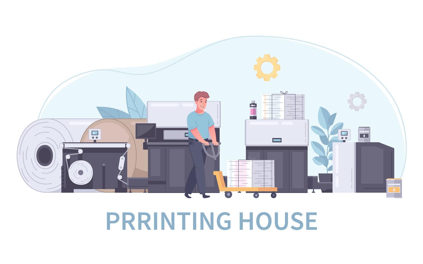 Printing House Ploygraphy Cartoon 4 Vector Illustration Concept