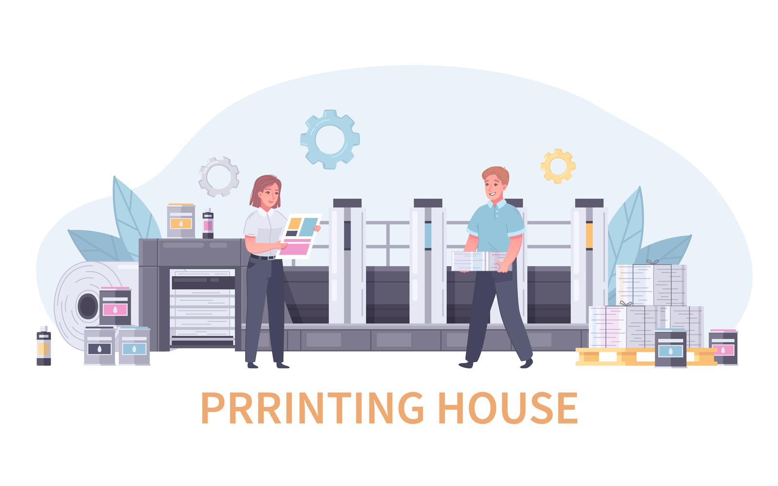 Printing House Ploygraphy Cartoon 5 Vector Illustration Concept