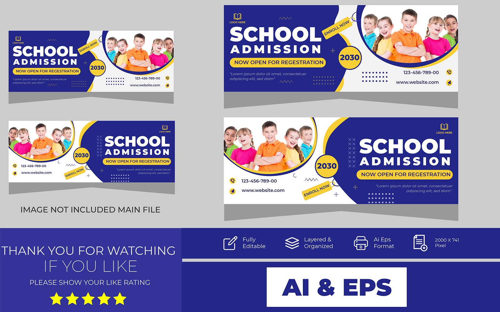 School Admission Facebook Cover And Social Media Ads templates - Blue, Yellow and White Design