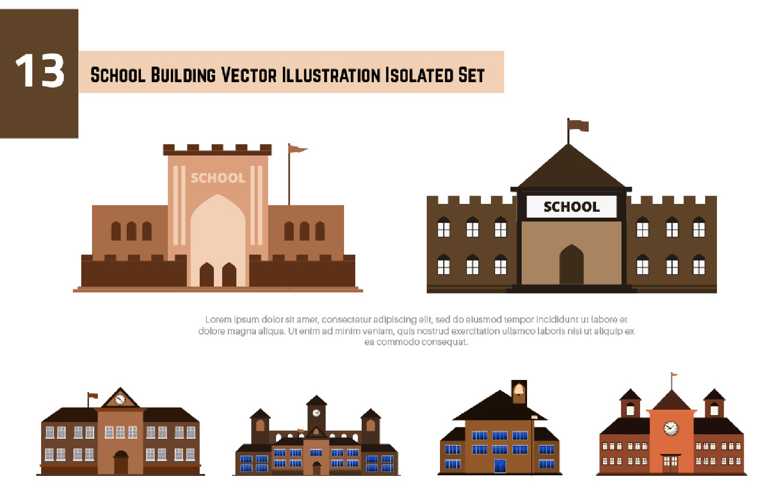 13 School Building Vector Illustration Isolated Set
