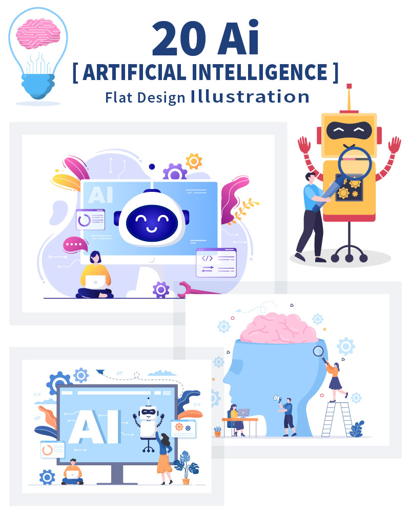 20 Artificial Intelligence Digital Brain Technology Vector Illustration