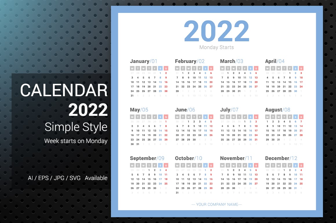 2022 Simple Calendar Monday Starts Planner