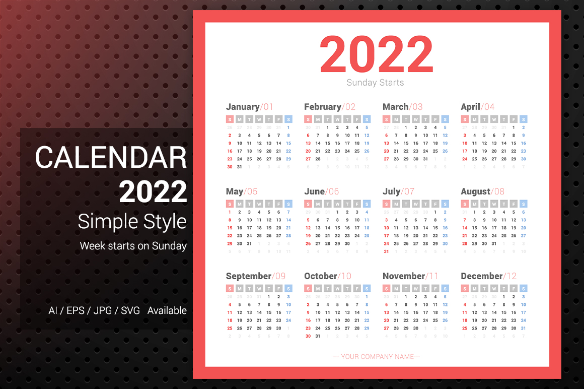 2022 Simple Calendar Sunday Starts Planner