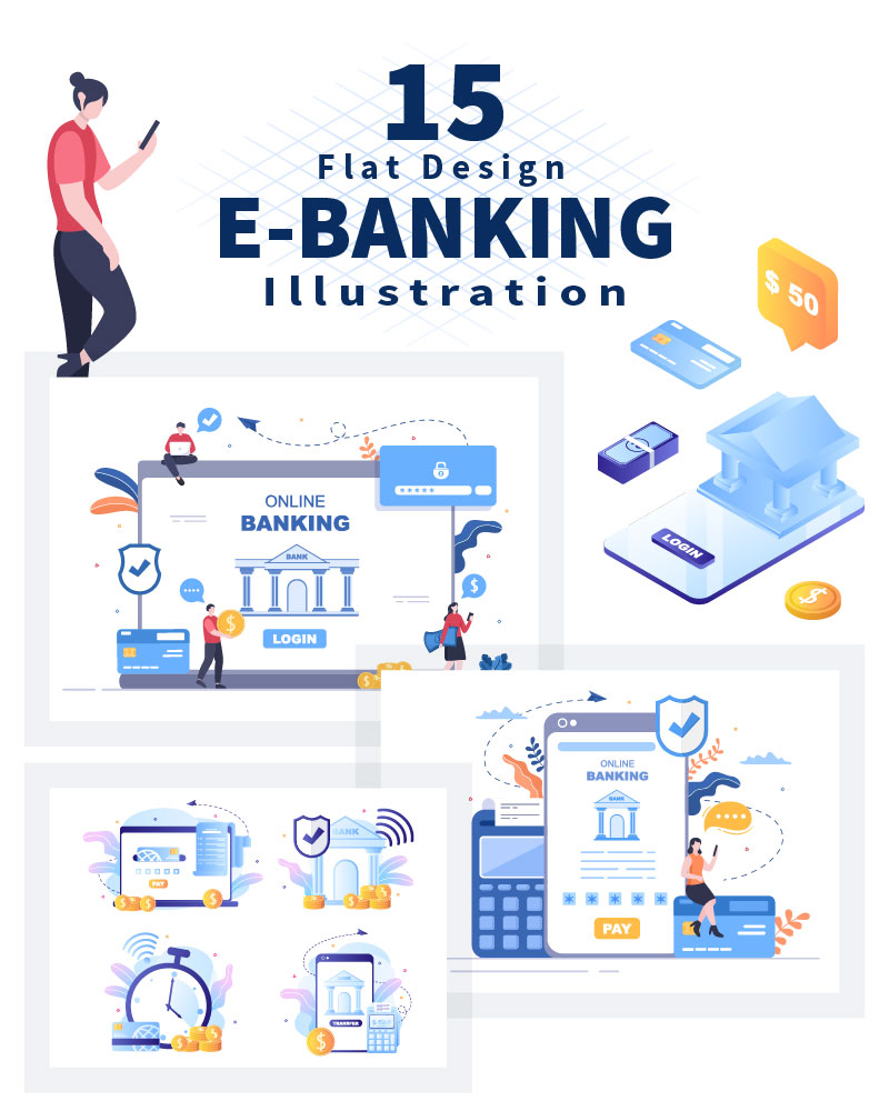 15 E-Banking App, Wallets or Bank Credit Cards Illustration