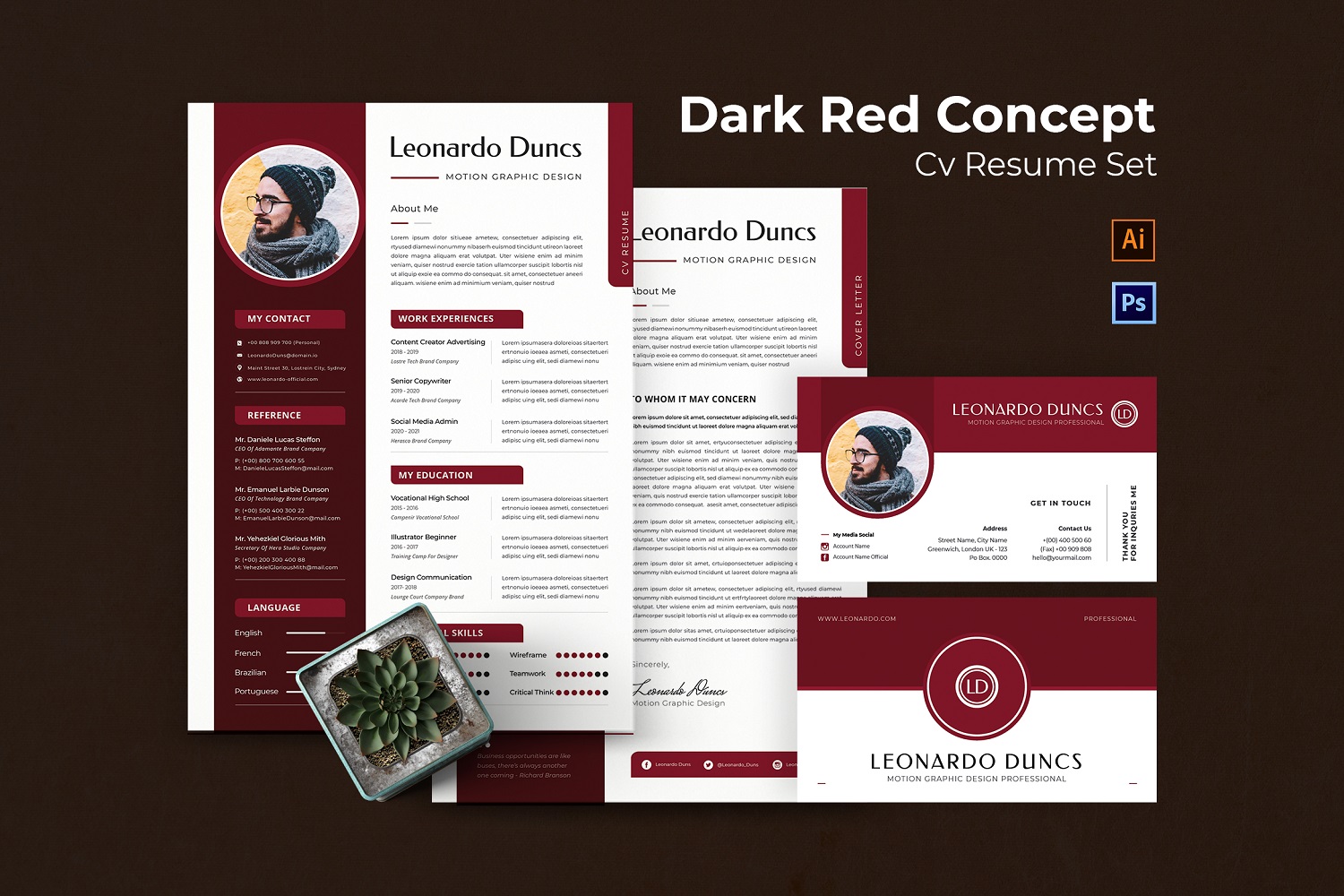 Dark Red Concept Cover Letter CV Resume Set