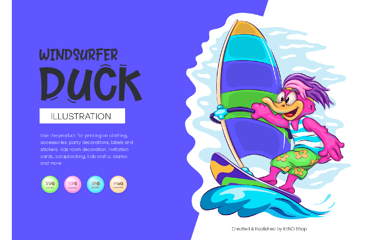 Cartoon Duck Windsurfer. Vector.