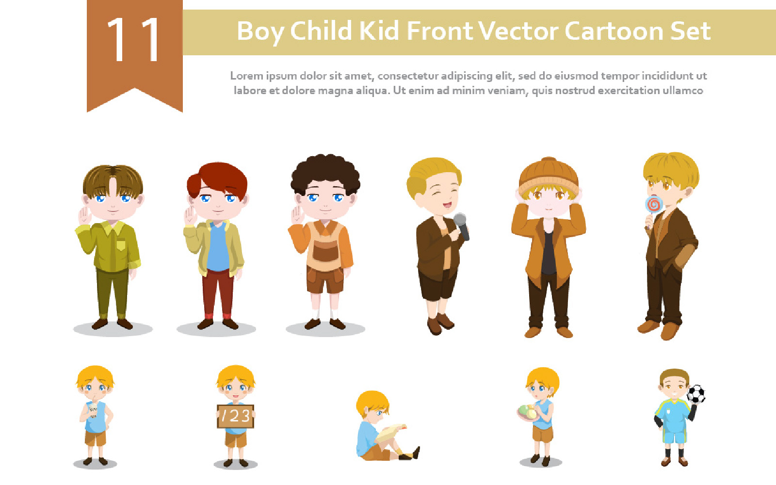 11 Boy Child Kid Front Vector Cartoon Set Illustration