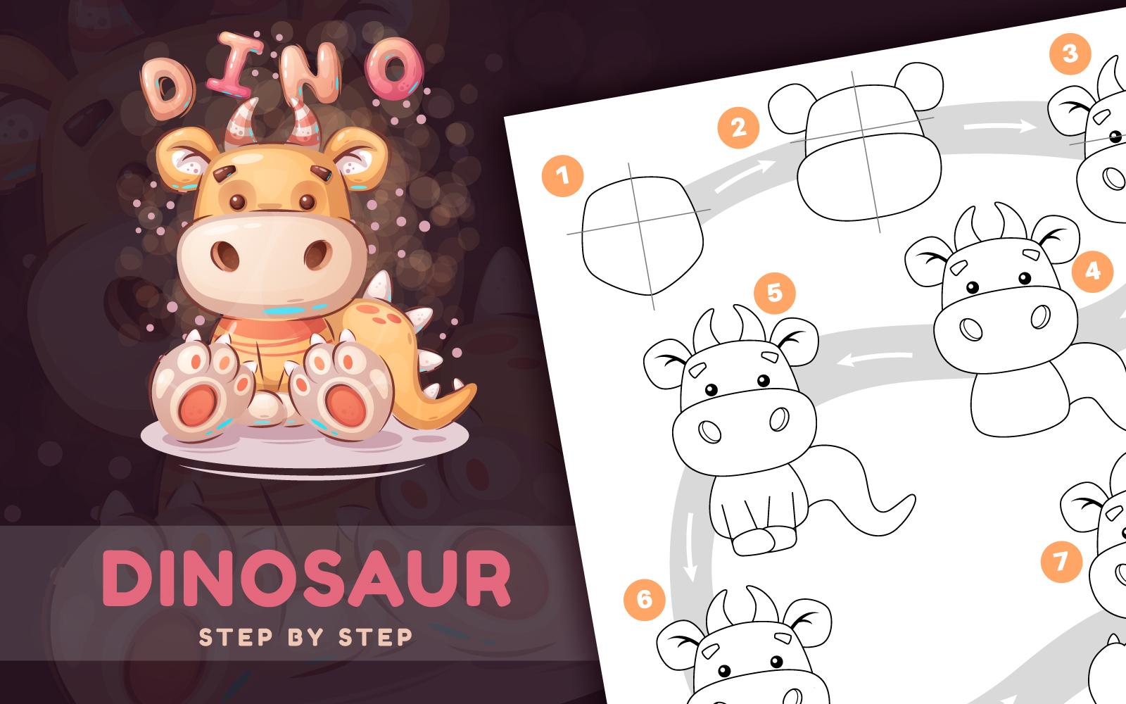Drawing lesson: how to draw dinosaur step by step, Graphics Illustration
