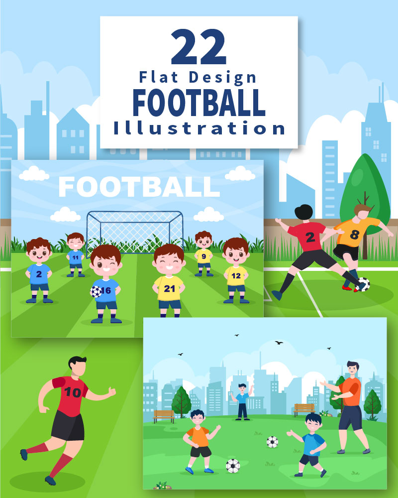 22 Football with Boys Play Soccer Sports Vector Illustration