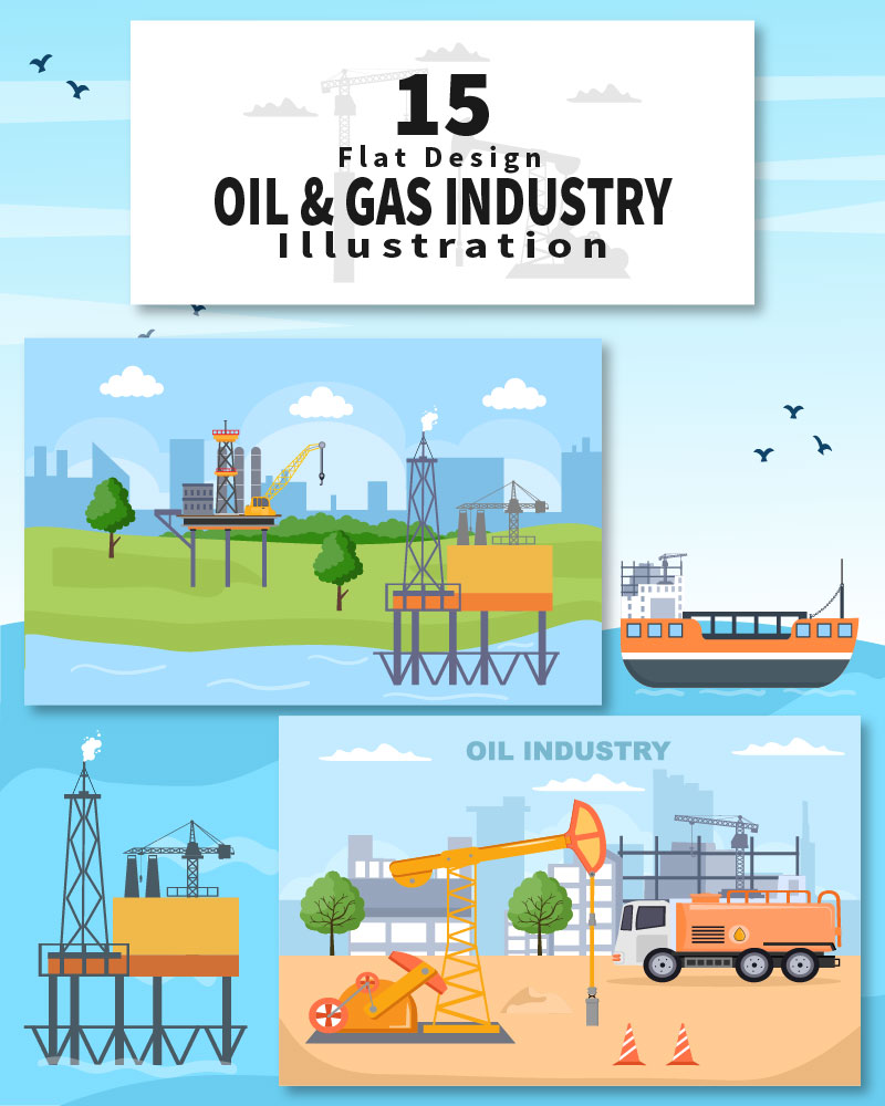 15 Oil Gas Fuel Industry Vector Illustration