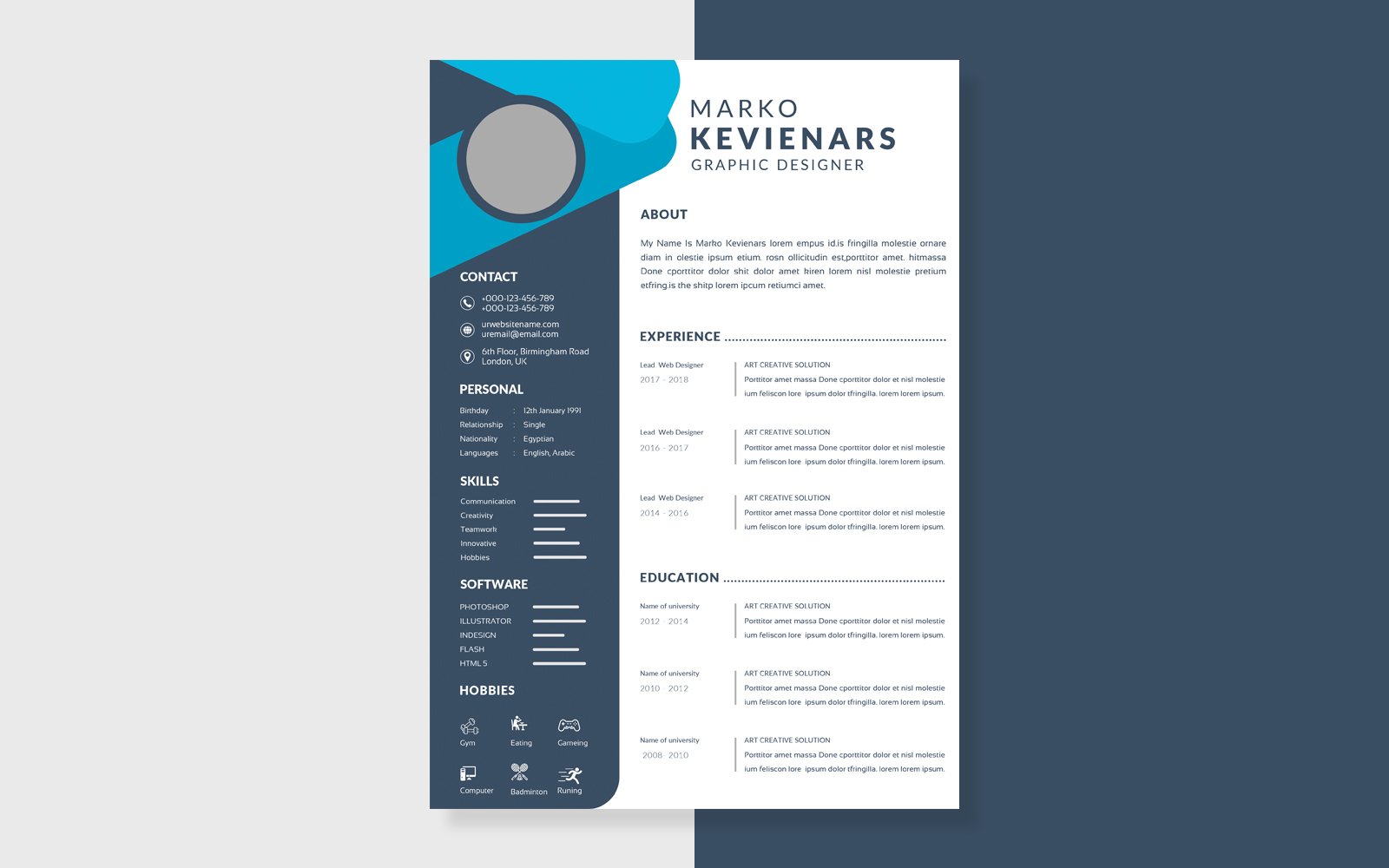 Resume Layout with Sidebar and Blur Shape