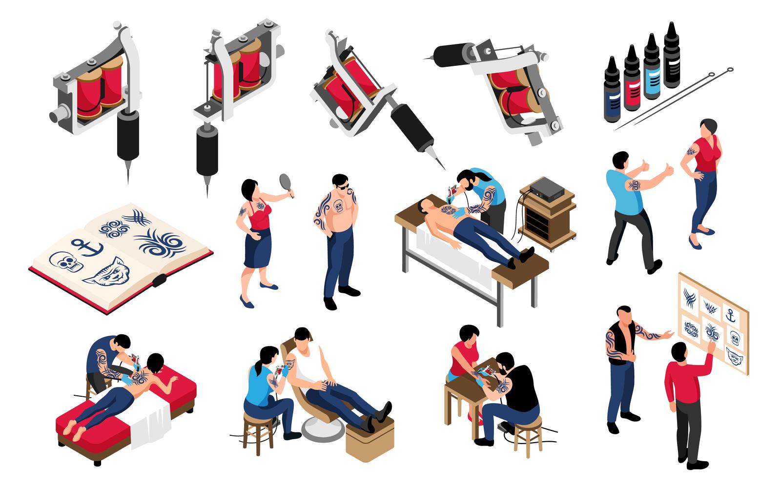 Isometric Tattoo Artist Set 210310501 Vector Illustration Concept