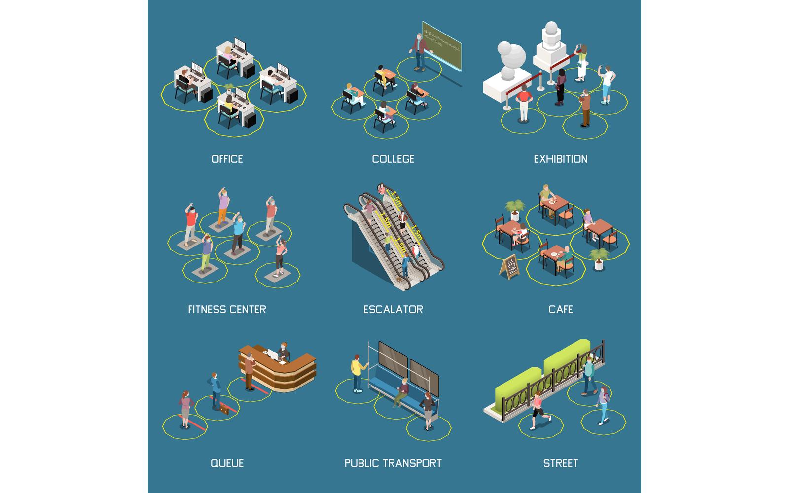 Social Distancing Isometric Set 210210901 Vector Illustration Concept