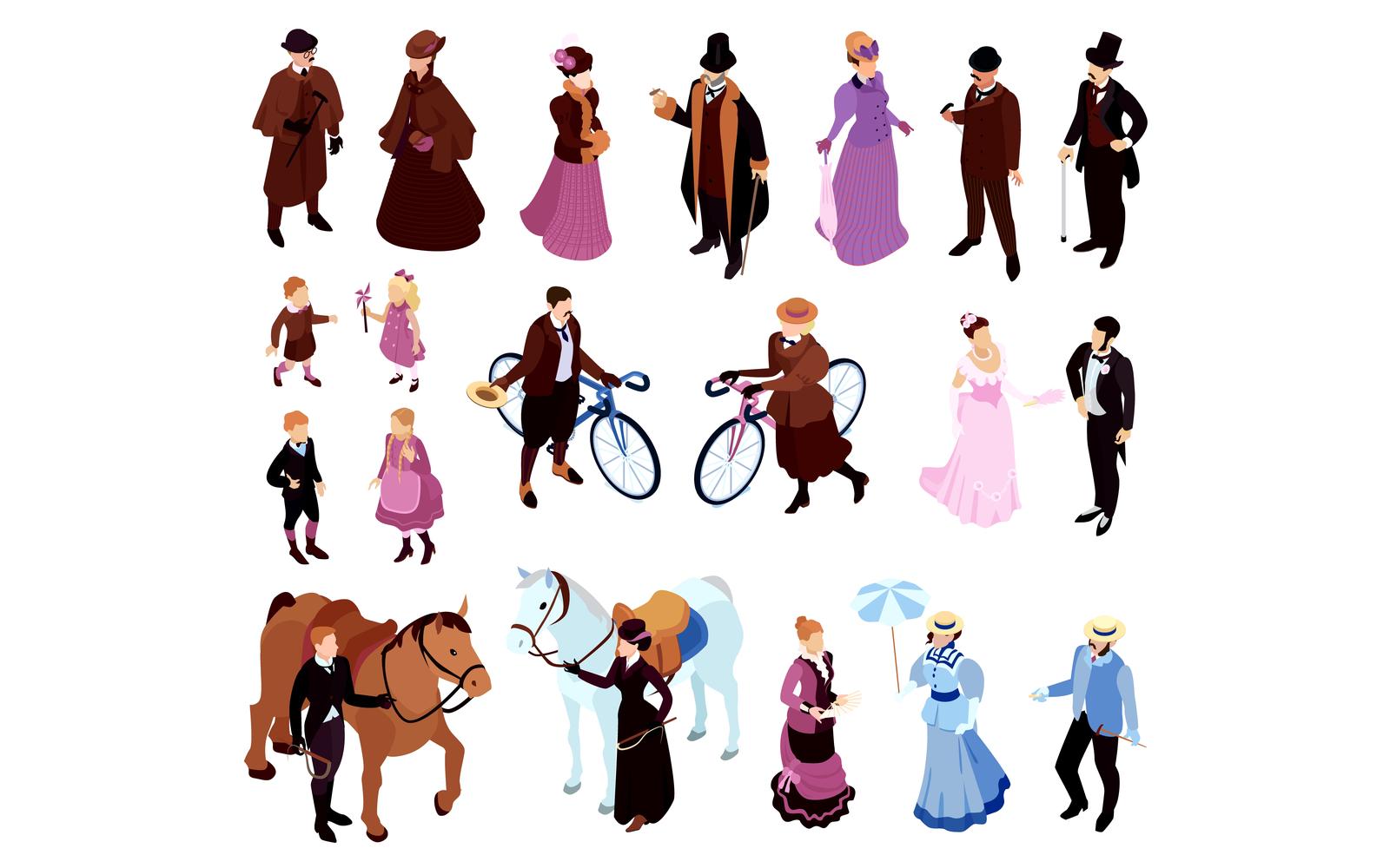 Isometric Victorian Lady Gentlemen Fashion Set 210203211 Vector Illustration Concept