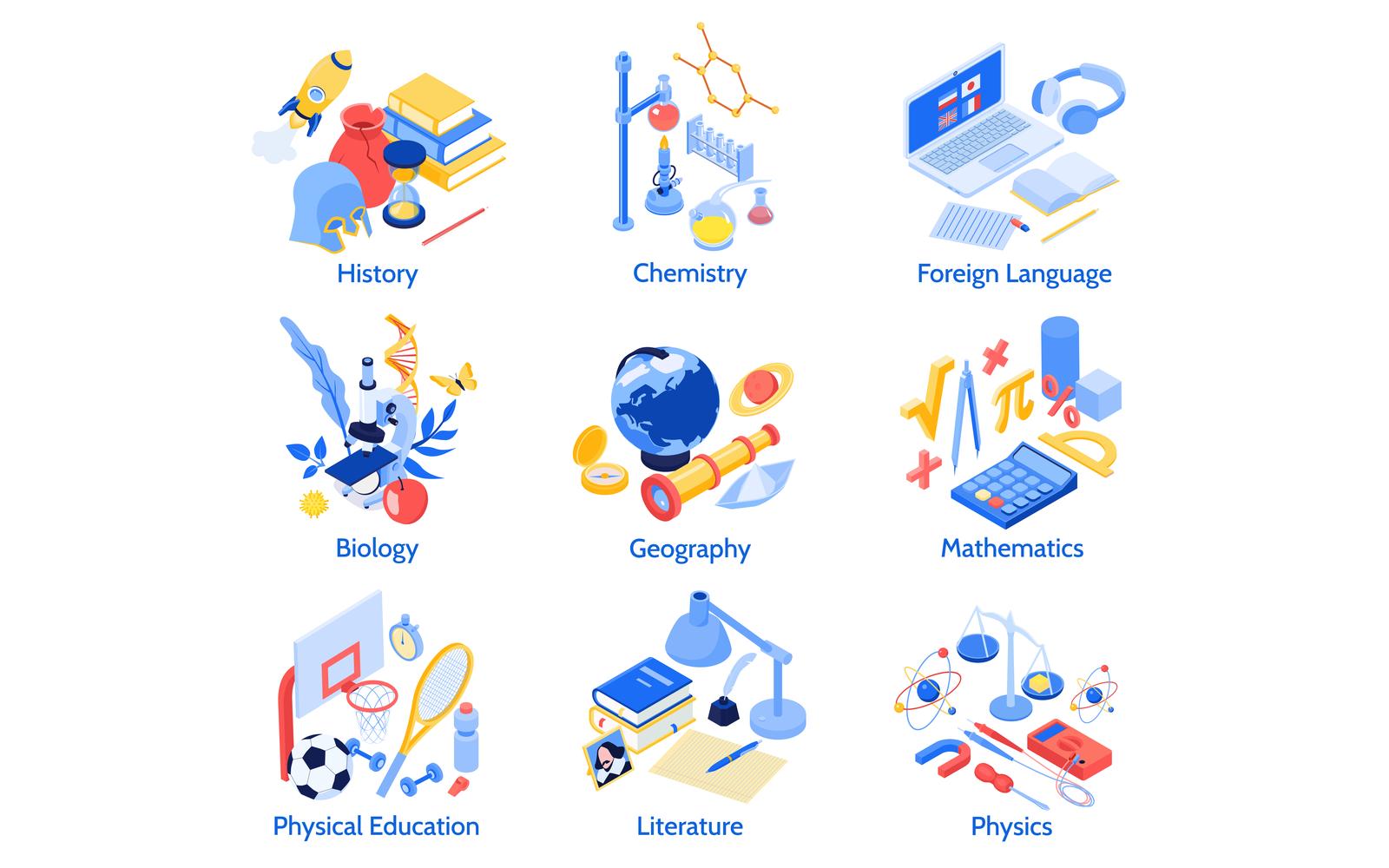 Isometric School Education Subjects Set 210203218 Vector Illustration Concept