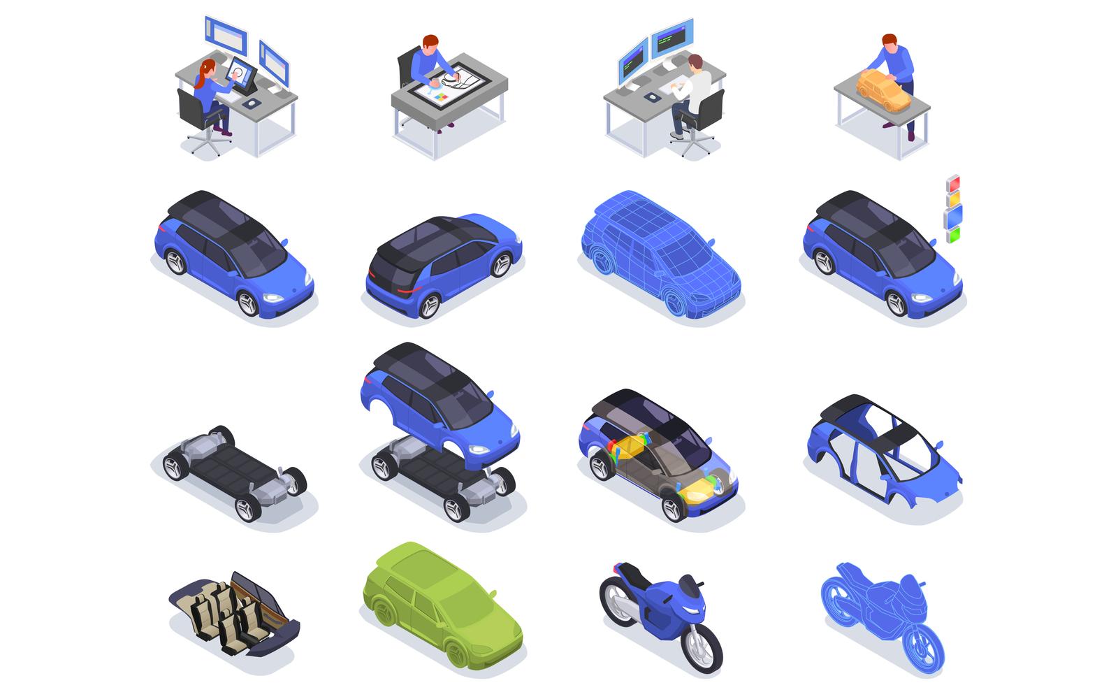 Car Designer Profession Isometric Set 210120120 Vector Illustration Concept