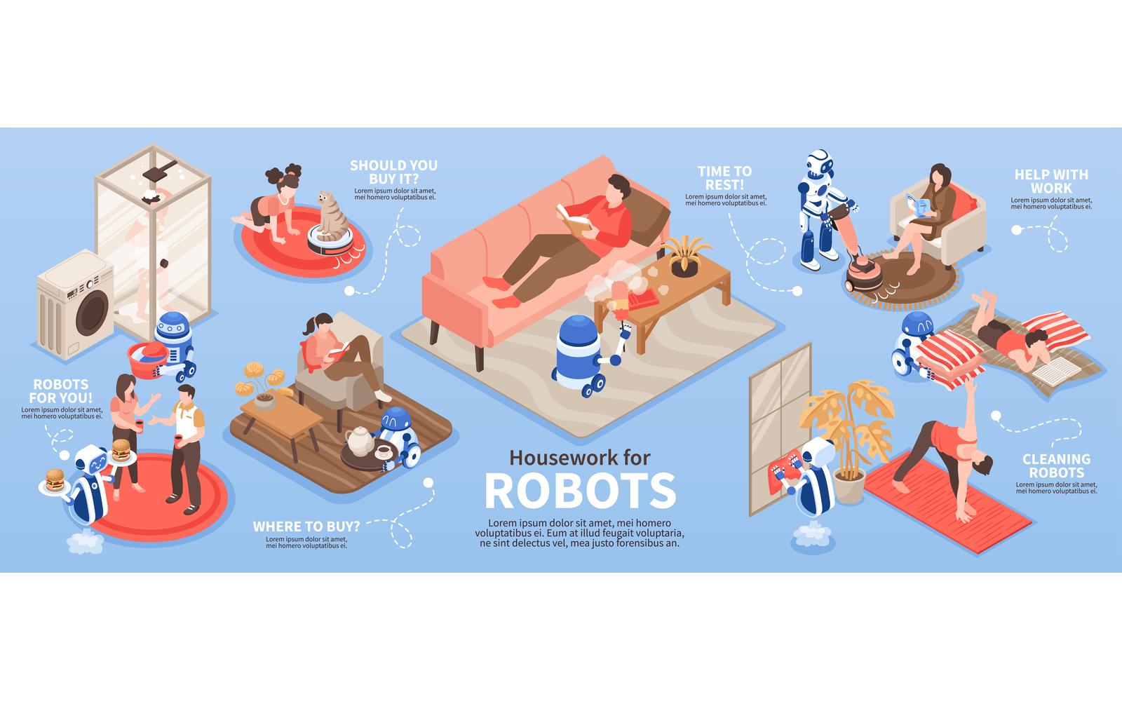 Isometric Robot Housework Infographics 210112155 Vector Illustration Concept