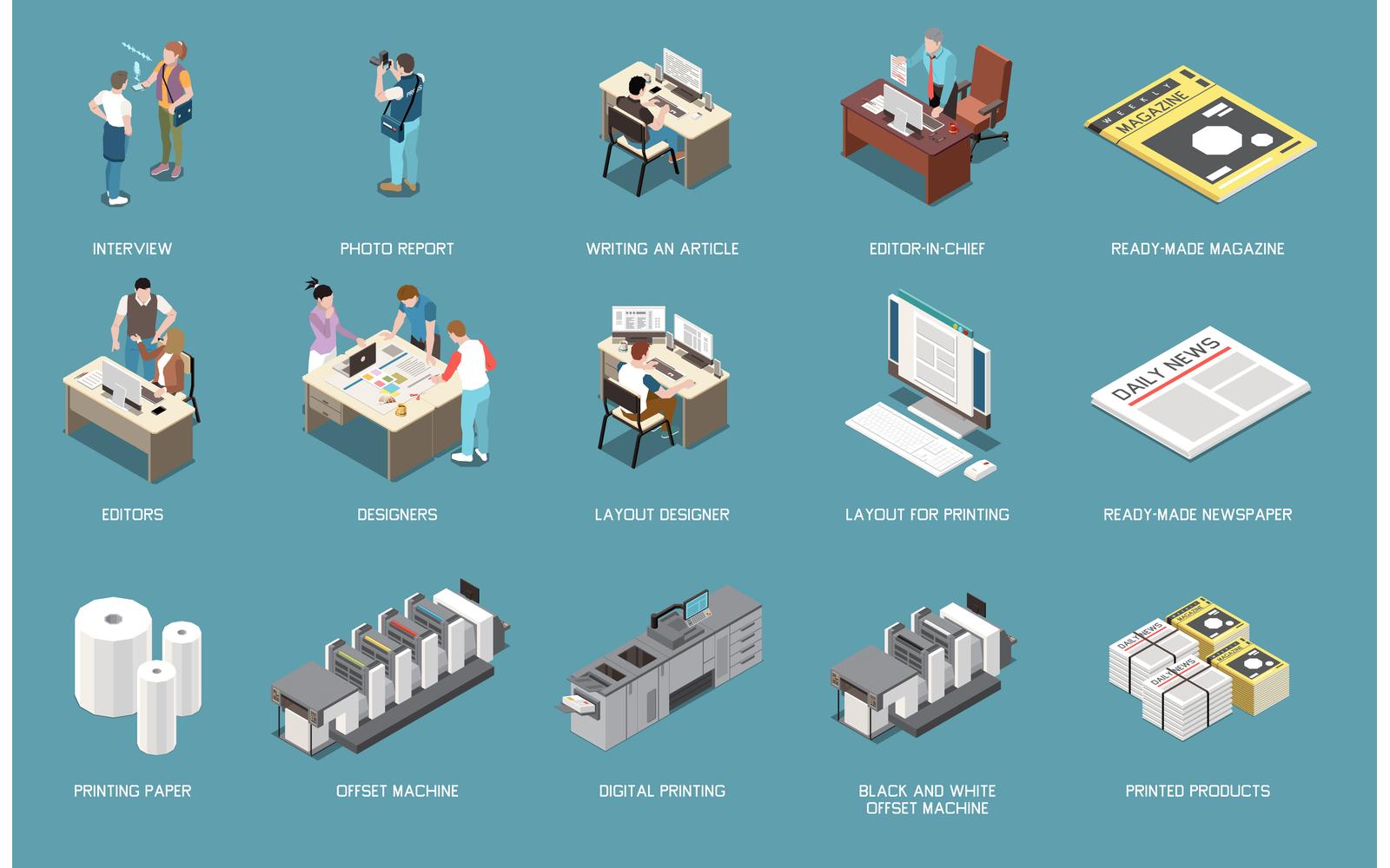 Newspaper Editorial Office Publishing Isometric Set 210110909 Vector Illustration Concept