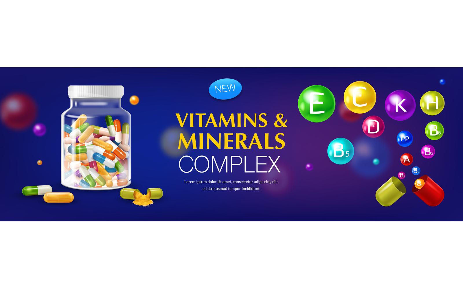 Realistic 3D Vitamin Mineral Horizontal Poster 191230513 Vector Illustration Concept