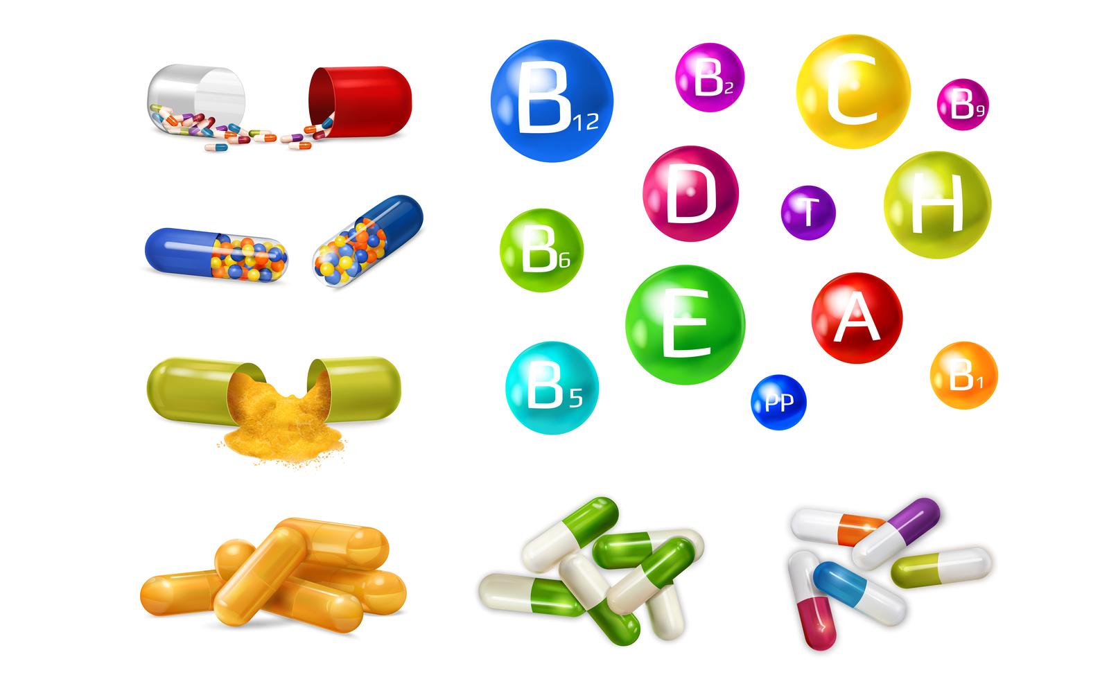 Realistic 3D Vitamin Mineral Pill Set-001 191230508 Vector Illustration Concept