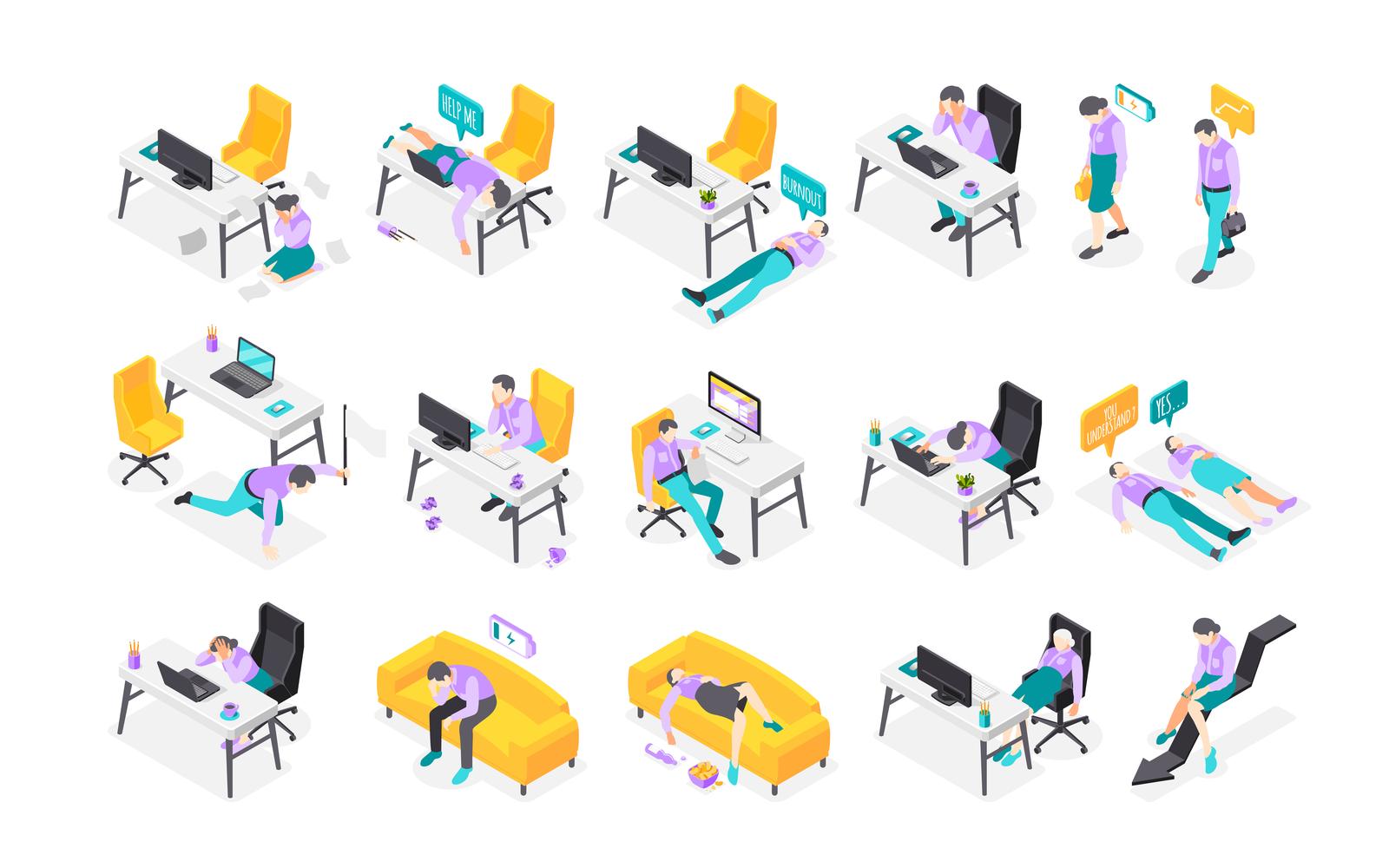 Burn-Out Syndrome Isometric Icons Recolor 201030115 Vector Illustration Concept