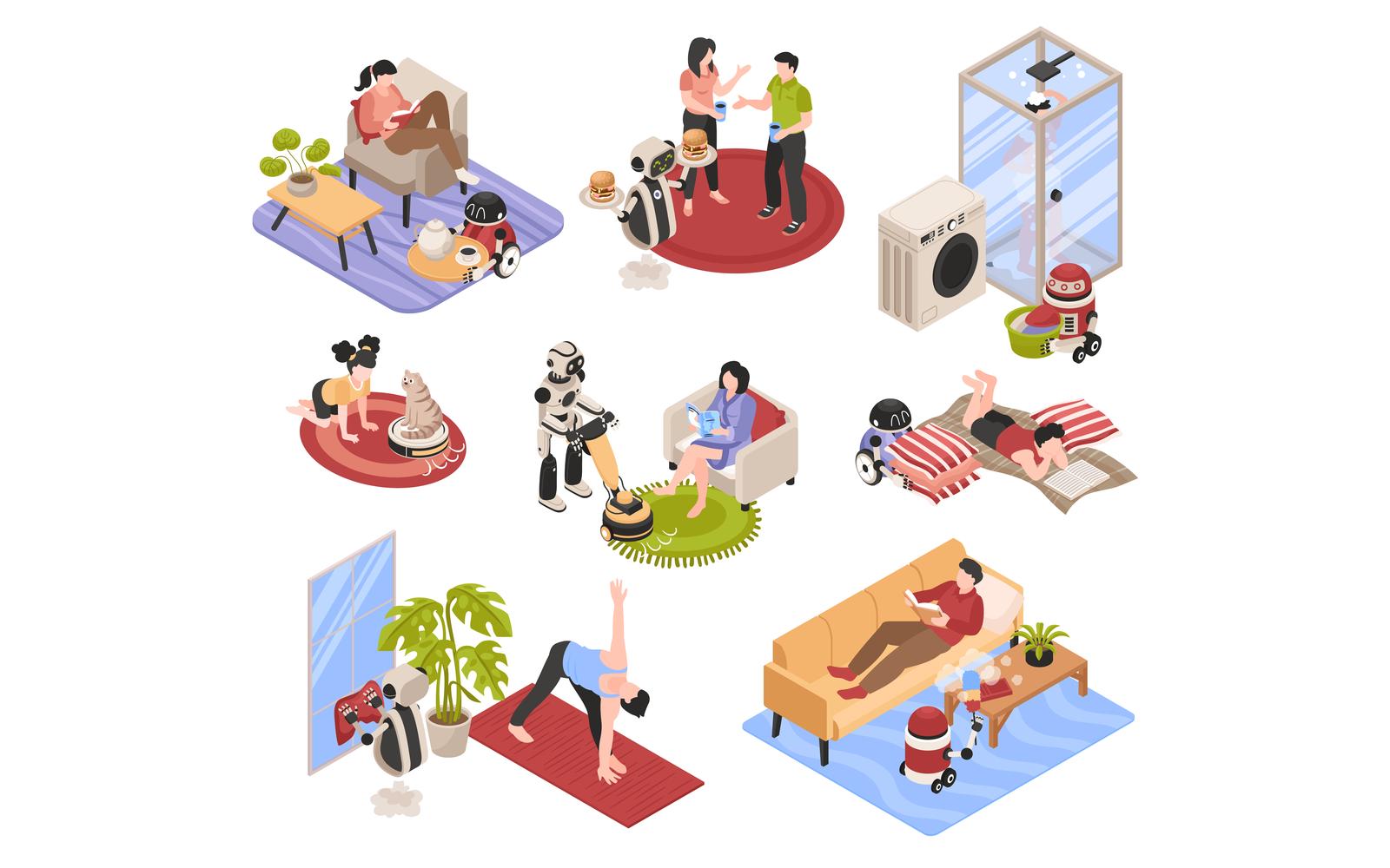 Isometric Robot Housework Set 210112151 Vector Illustration Concept